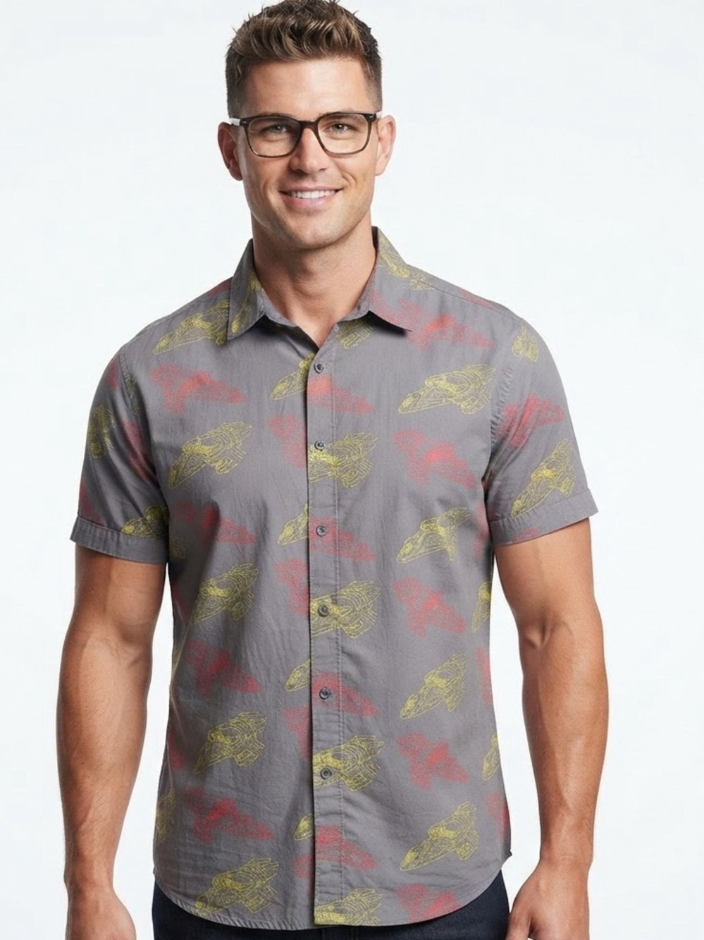 Official Firefly Serenity Spaceship Print Short Sleeve Button Down Shirt 2XL XXL
